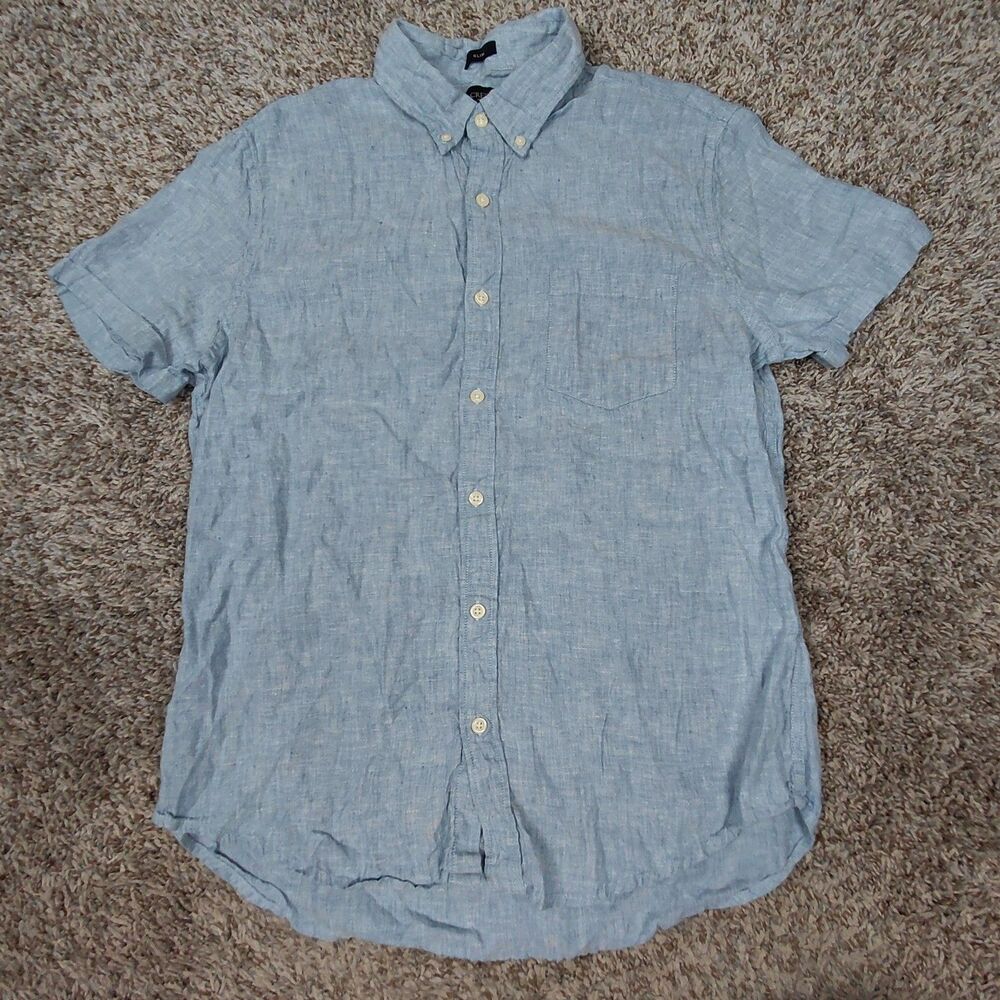 J Crew Linen Blend Button Down Shirt Mens Large Light Blue Slim Fit Pocket